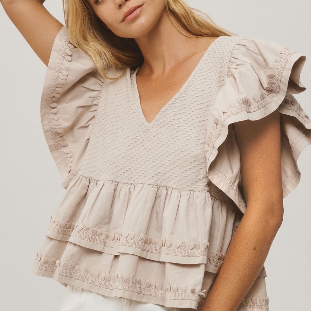 Anthropologie ruffle sleeved tiered v neck blouse